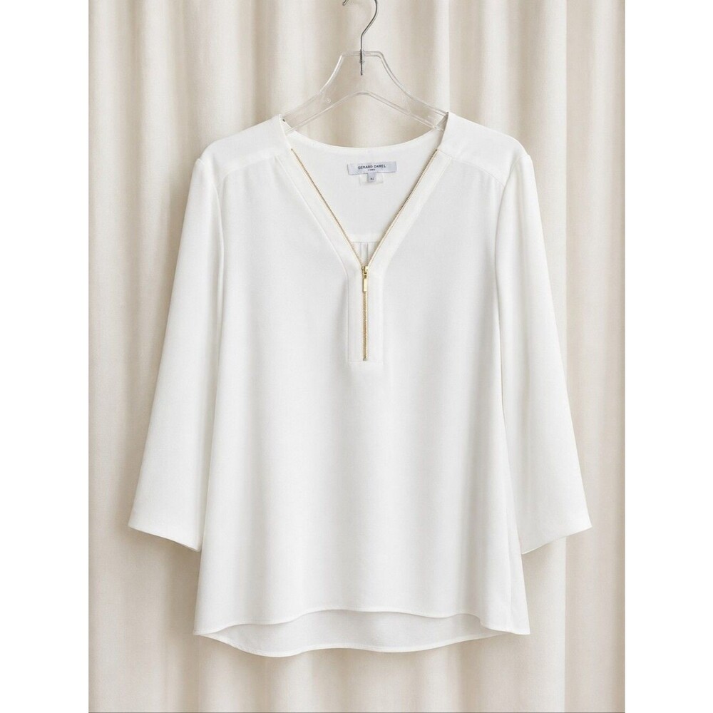 Gerard Darel Paris Soft White Crepe Sleek Gold Half Zip Neckline Career Blouse